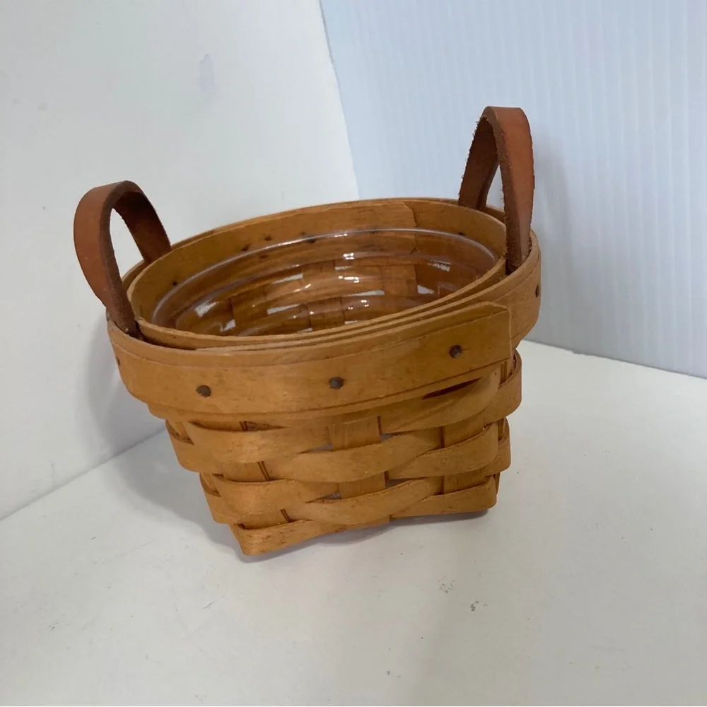 LONGABERGER 1997 Small Mini Round Planter Basket Leather Handles 4.5 x 3 in Tall